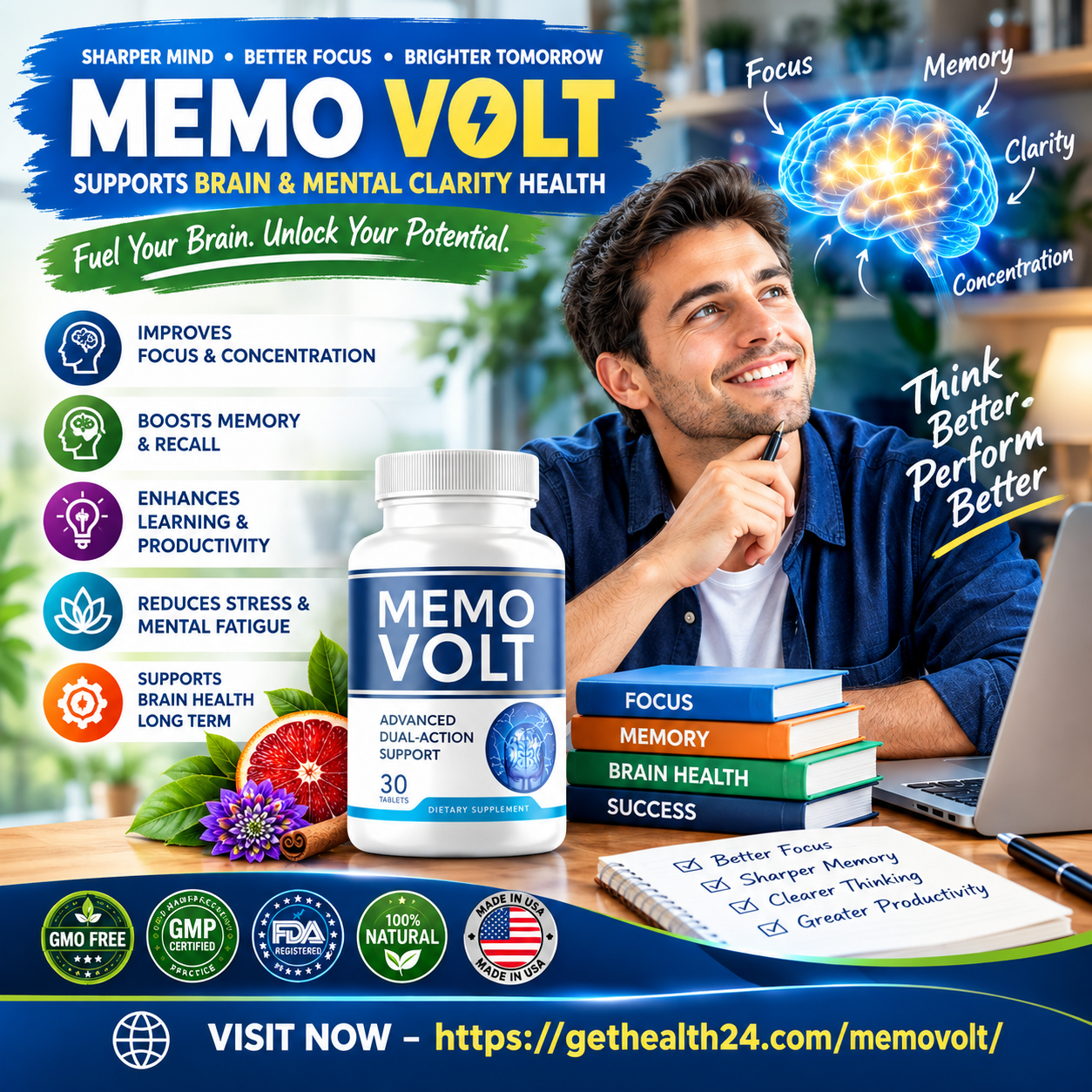 MemoVolt supplement advertisement with benefits and quality badges